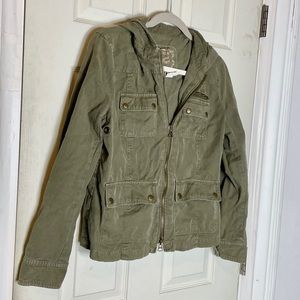 J.Crew washed and aged 2 cotton jacket zip up hoodie military style green euc
